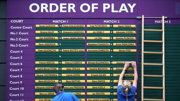 The Order of Play board is prepared at the All England Lawn Tennis and Croquet Club. Naomi Osaka’s 16-match Grand Slam winning streak has been followed by a two-match losing streak at majors. On a wild Day 1 at the All England Club, No. 2 Osaka was the highest-seeded and most-accomplished player to leave the scene, beaten 7-6 (4), 6-2 by Yulia Putinseva. (Hannah McKay / REUTERS)