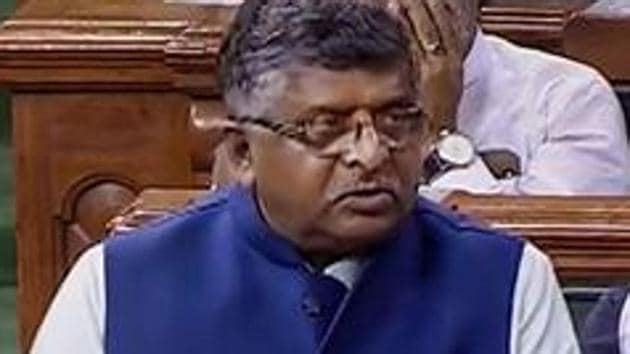 Union Law Minister Ravi Shankar Prasad speaks in the Lok Sabha during the Budget Session of Parliament in New Delhi on Wednesday.(PTI PHOTO.)