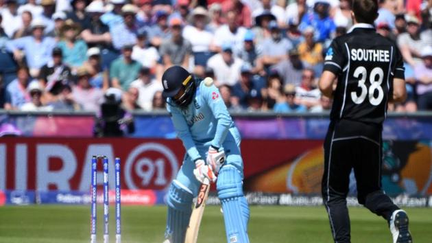 England's Adil Rashid (L) is bowled by New Zealand's Tim Southee (R). (AFP) England's Adil Rashid (L) is bowled by New Zealand's Tim Southee (R). (AFP)