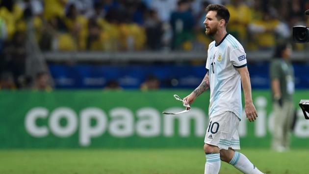 Argentina's Lionel Messi leaves the field during half-time of the Copa America football tournament semi-final match against Brazil at the Mineirao Stadium in Belo Horizonte, Brazil, on July 2, 2019(AFP) Argentina's Lionel Messi leaves the field during half-time of the Copa America football tournament semi-final match against Brazil at the Mineirao Stadium in Belo Horizonte, Brazil, on July 2, 2019(AFP)