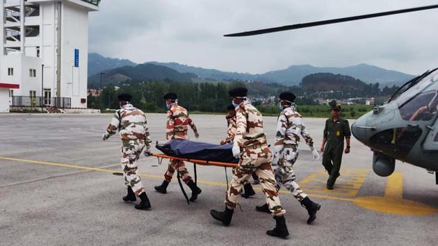 Bodies of seven of the eight missing mountaineers were brought down almost a month after an avalanche swept them away near Nanda Devi, India’s second highest mountain, to Uttarakhand’s Pithoragarh. The four British, two American and one Australian and an Indian mountaineers were reported missing on May 31 after they failed to return to Nanda Devi’s base camp – Munsiyari. (ANI) Bodies of seven of the eight missing mountaineers were brought down almost a month after an avalanche swept them away near Nanda Devi, India’s second highest mountain, to Uttarakhand’s Pithoragarh. The four British, two American and one Australian and an Indian mountaineers were reported missing on May 31 after they failed to return to Nanda Devi’s base camp – Munsiyari. (ANI)