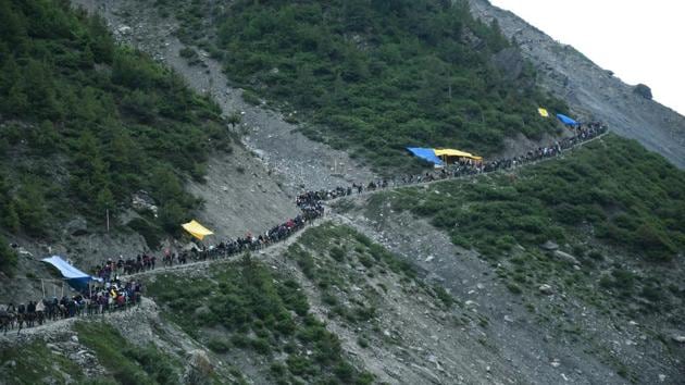 Pilgrims zig-zag along the mountain trail from the Baltal route. The yatra has not been without incidents of violence targeting pilgrims. In 2017, gunmen sprayed bullets at a bus carrying Hindu pilgrims in the region, killing at least seven people, including six women, and wounding 19 others as they returned from the cave shrine. (ANI) Pilgrims zig-zag along the mountain trail from the Baltal route. The yatra has not been without incidents of violence targeting pilgrims. In 2017, gunmen sprayed bullets at a bus carrying Hindu pilgrims in the region, killing at least seven people, including six women, and wounding 19 others as they returned from the cave shrine. (ANI)