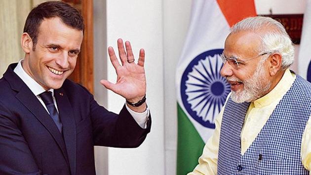 Prime Minister Narendra Modi with French President Emmanuel Macron in March 2018. (Mohd Zakir/HT PHOTO) Prime Minister Narendra Modi with French President Emmanuel Macron in March 2018. (Mohd Zakir/HT PHOTO)