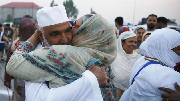 The first batch of 304 Hajj pilgrims left Srinagar on Thursday for Saudi Arabia to perform this year’s Hajj pilgrimage. Jammu and Kashmir Governor Satya Pal Malik came to see off the pilgrims at the Srinagar International Airport. This year, over 11,500 pilgrims from the state will go for the pilgrimage. (Waseem Andrabi / HT Photo) The first batch of 304 Hajj pilgrims left Srinagar on Thursday for Saudi Arabia to perform this year’s Hajj pilgrimage. Jammu and Kashmir Governor Satya Pal Malik came to see off the pilgrims at the Srinagar International Airport. This year, over 11,500 pilgrims from the state will go for the pilgrimage. (Waseem Andrabi / HT Photo)