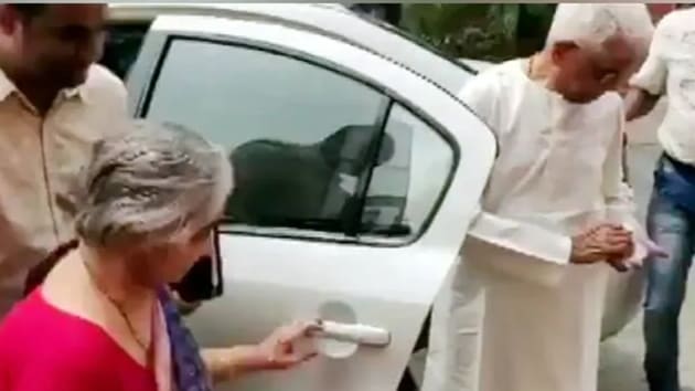 The parents of Nirmala Sitharaman, Savitri Sitharaman and Narayanan Sitharaman, arrived at Parliament in a separate car ahead of her Budget speech.(ANI Twitter)