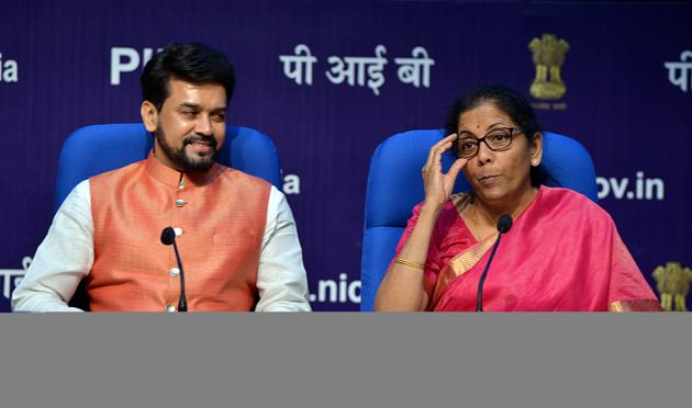 Union Finance Minister Nirmala Sitharaman addresses a press conference as Minister of State for Finance Anurag Thakur looks on after presenting the Union Budget in Parliament, in New Delhi on Friday.(ANI Photo) Union Finance Minister Nirmala Sitharaman addresses a press conference as Minister of State for Finance Anurag Thakur looks on after presenting the Union Budget in Parliament, in New Delhi on Friday.(ANI Photo)