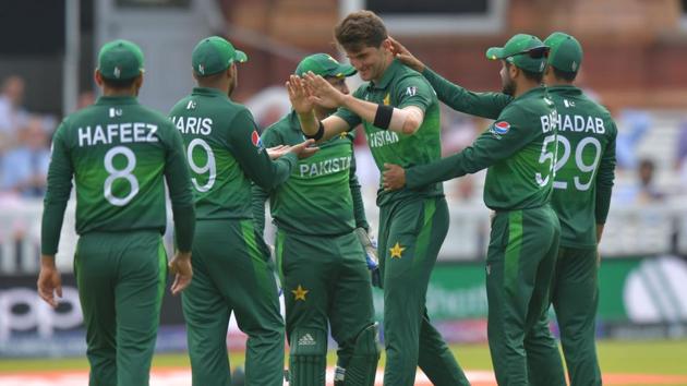 Pakistan's Shaheen Shah Afridi (C) celebrates the wicket of Bangladesh's Liton Das.(AFP)