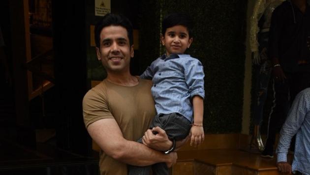 Actor Tusshar Kapoor with his son Laksshya at latter's birthday party in Mumbai on June 1, 2019.(IANS)