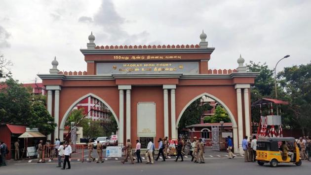 Tamil Nadu, July 05 (ANI): Security personnel keep guard at the Madras High Court as the Live convict of Rajiv Gandhi assassination S. Nalini being granted a 30 days parole in Chennai on Friday. (ANI Photo)