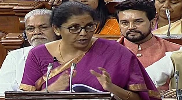 Union Finance Minister Nirmala Sitharaman presents the Union Budget 2019 at Lok Sabha in New Delhi on Friday.(ANI Photo)