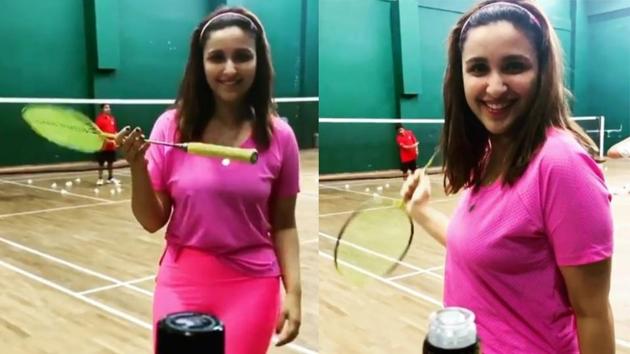 Parineeti Chopra took the bottle cap challenge with the help of a badminton racket.(Instagram)