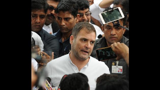 Congress leader Rahul Gandhi speaks to media after appearing in connection with a defamation case filed against him by senior state BJP leader and Deputy Chief Minister Sushil Kumar Modi, at Civil Court, in Patna, Bihar. (AP Dube / HT Photo)