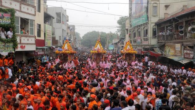 Devotees participate in the annual Rath Yatra festival, in Ahmedabad, Gujarat. (Siddharaj Solanki / HT Photo)