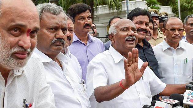 Dissident MLA from JD(S) addresses after meeting with Karnataka Governor Vajuibhai Vala, in Bengaluru, Saturday, July 6, 2019. 11 legislators of the ruling alliance submitted their resignation to speaker's office.(PTI photo)