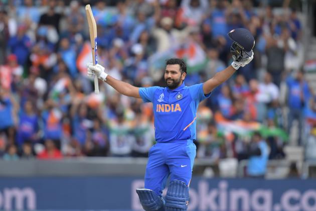 India's Rohit Sharma celebrates after reaching his century during the 2019 Cricket World Cup group stage match. (AFP)
