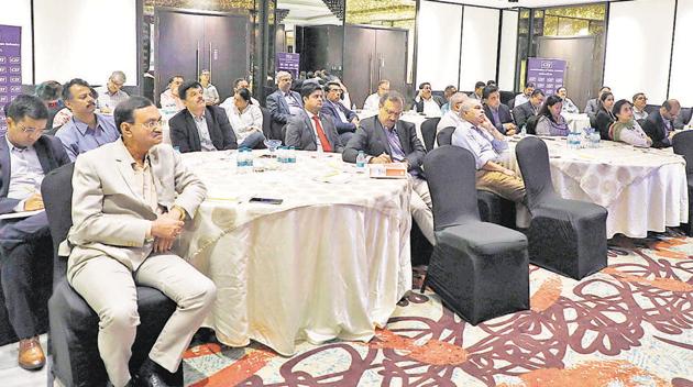 Members of the Confederation of Indian Industries and other guests at the live television presentation of the Union Budget 2019 at the Hotel Lemon Tree near Pune railway station.(Rahul Raut/HT PHOTO)