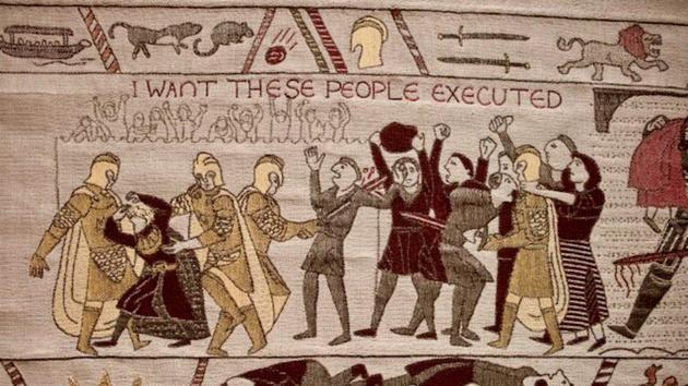It’s done in the style of the Bayeux Tapestry.(@pip_jackrussell) It’s done in the style of the Bayeux Tapestry.(@pip_jackrussell)