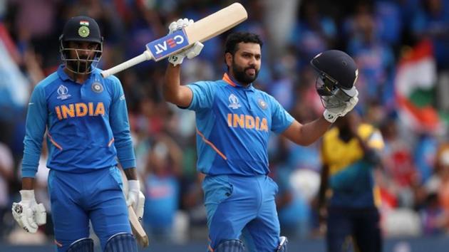 Rohit Sharma celebrates after scoring a century against Sri Lanka.(Action Images via Reuters)