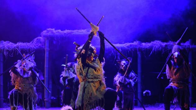 Indian students at the National School of Drama in Bengaluru take part in a performance of a Kannada-language adaptation of George Orwell’s novel “Animal Farm” in Bangalore, Karnataka. (Manjunath Kiran / AFP)