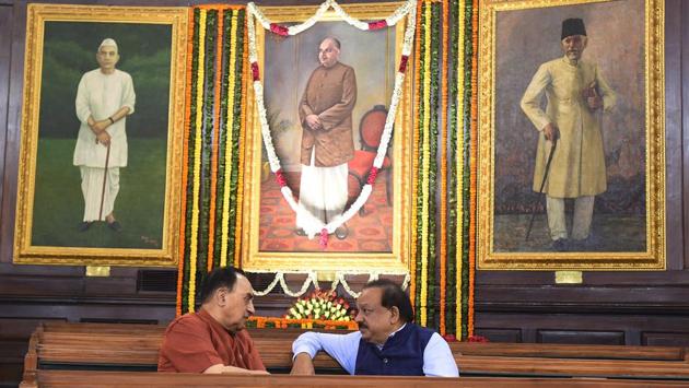 Minister of Health and Family Welfare Harsh Vardhan and Rajya Sabha MP Subramanian Swami seen before the floral tribute to Dr. SP Mukherjee on his birth anniversary at Central Hall of the Parliament, in New Delhi. (Raj K Raj / HT PHOTO)