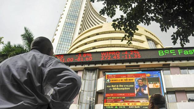 The stock market index on a display screen at the Bombay Stock Exchange (BSE) building in Mumbai.(PTI)