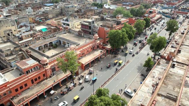 An aerial view of walled city from the Isarlat tower, in Jaipur. The announcement was made during the 43rd session of the World Heritage Committee being held in Baku, Azerbaijan, from June 30 to July 10. India received the support of 16 out of the 21 countries participating in the event. The Indian delegates present at the event said, “This evening in the streets of Jaipur, the elephants will roll and they will rumble and they will trumpet in celebration.” (Himanshu Vyas / HT Photo) An aerial view of walled city from the Isarlat tower, in Jaipur. The announcement was made during the 43rd session of the World Heritage Committee being held in Baku, Azerbaijan, from June 30 to July 10. India received the support of 16 out of the 21 countries participating in the event. The Indian delegates present at the event said, “This evening in the streets of Jaipur, the elephants will roll and they will rumble and they will trumpet in celebration.” (Himanshu Vyas / HT Photo)