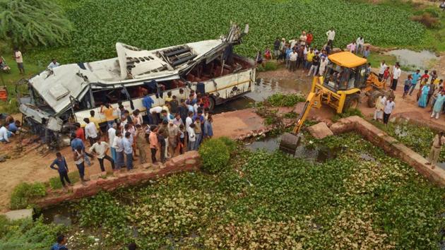 Twenty-nine people were killed and 18 injured after a state-run bus skidded off the Yamuna Expressway and fell into a large drain in Uttar Pradesh on Monday, officials said. “Pained by the bus accident in Agra, Uttar Pradesh. Condolences to the families who have lost their loved ones. I pray that those injured recover fast. The State Government and local administration are providing all possible assistance to the affected,” Prime Minister Narendra Modi tweeted. (PTI) Twenty-nine people were killed and 18 injured after a state-run bus skidded off the Yamuna Expressway and fell into a large drain in Uttar Pradesh on Monday, officials said. “Pained by the bus accident in Agra, Uttar Pradesh. Condolences to the families who have lost their loved ones. I pray that those injured recover fast. The State Government and local administration are providing all possible assistance to the affected,” Prime Minister Narendra Modi tweeted. (PTI)