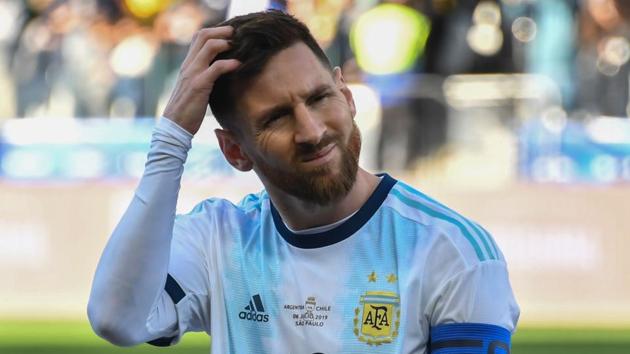 Argentina's Lionel Messi gets a red card during the Copa America third-place match against Chile at the Corinthians Arena in Sao Paulo, Brazil. (AFP)