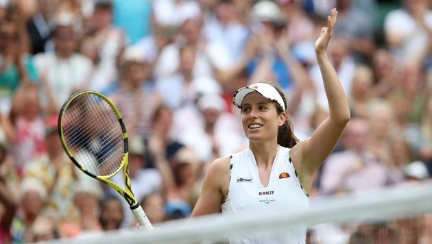 Johanna Konta celebrates after winning her fourth round match against Czech Republic's Petra Kvitova.(REUTERS)