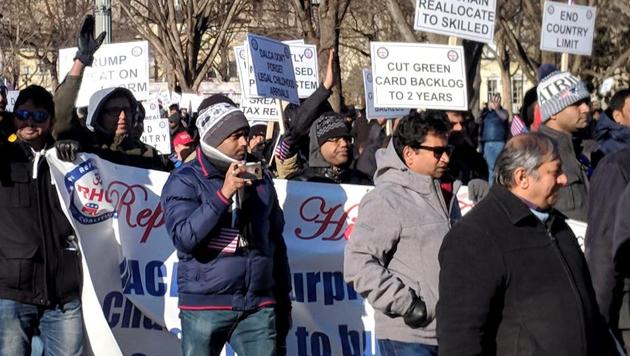 Highly-skilled Indian workers at a rally in 2018 in front of the White House in Washington demanding an end to the per-country limit on legal permanent residency so as to eliminate the massive Green Card backlog.(PTI FILE PHOTO) Highly-skilled Indian workers at a rally in 2018 in front of the White House in Washington demanding an end to the per-country limit on legal permanent residency so as to eliminate the massive Green Card backlog.(PTI FILE PHOTO)