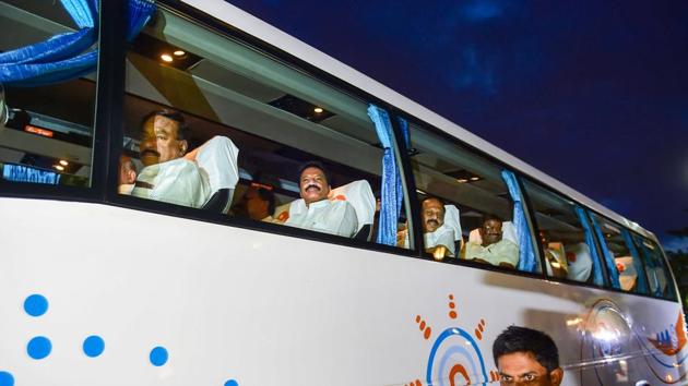 The 14 legislators – whose resignation from the assembly will seal the fate of the HD Kumaraswamy government in Bengaluru – decided to camp overnight at Pune’s Corinthians Resort and Club.(PTI)