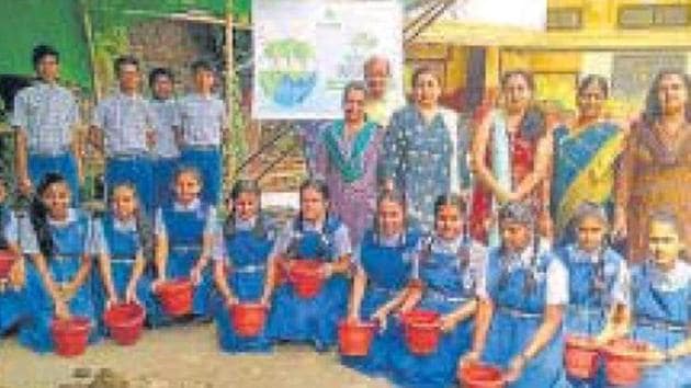 Students of Seva Sadan High School, Ulhasnagar, planted saplings in their school premises recently.