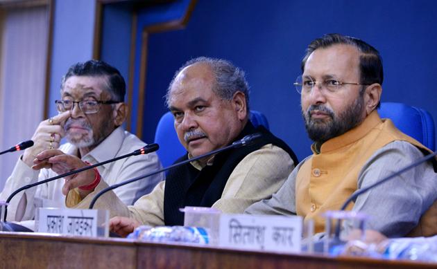 New Delhi, July 10 (ANI): Union Ministers Prakash Javadekar, Narendra Singh Tomar and Santosh Gangwar during the press conference after the cabinet meeting, in New Delhi on Wednesday.(Photo: ANI)