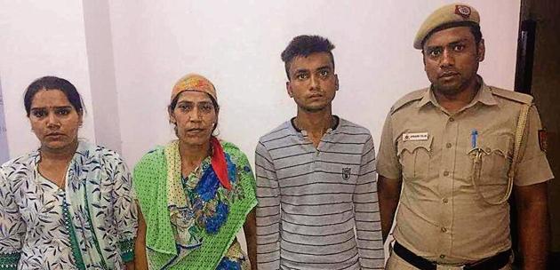 Sunita Devi (second from left) and Rishab in police custody. Police said Devi told Rishab and a minor, hired to kill Anand Singh, that he was Sunita’s brother-in-law who sexually harassed her. (HT Photo/ Sourced)