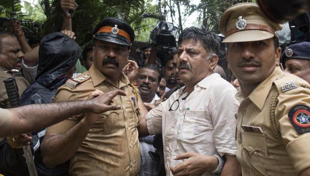 The Cabinet meeting follows a day of high drama in Mumbai, where Congress leader DK Shivakumar tried to meet the rebels but was detained and sent back after 5 hours of waiting outside the hotel where the rebels were staying. (Satish Bate/HT Photo) The Cabinet meeting follows a day of high drama in Mumbai, where Congress leader DK Shivakumar tried to meet the rebels but was detained and sent back after 5 hours of waiting outside the hotel where the rebels were staying. (Satish Bate/HT Photo)