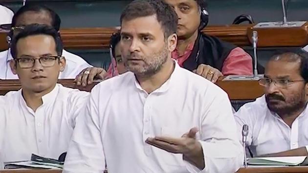 Congress leader Rahul Gandhi speaks in the Lok Sabha during the Budget Session of Parliament in New Delhi, Thursday, July 11, 2019.(PTI photo)