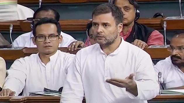 Congress leader Rahul Gandhi speaks in the Lok Sabha during the Budget Session of Parliament in New Delhi.(PTI Photo)