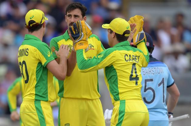 Australia's Mitchell Starc (C) celebrates with teammates after the dismissal of England's Jonny Bairstow. (AFP)