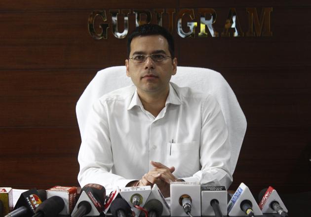 Deputy Commissioner of Gurugram Amit Khatri addresses the media at his office at Mini Secretariat in Gurugram on Thursday.(Yogendra Kumar/HT PHOTO)