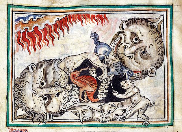 Depiction of underworld's creatures devouring the damned in a miniature from Apocalypse of Cambrai, illuminated by the French School of the 13th century.(Corbis via Getty Images) Depiction of underworld's creatures devouring the damned in a miniature from Apocalypse of Cambrai, illuminated by the French School of the 13th century.(Corbis via Getty Images)
