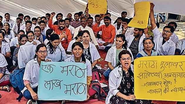 Medical students from Maratha community protest at Azad Maidan against the non-conformity of reservations rules by the state government in Mumbai on May 6.(Kunal Patil/HT File)