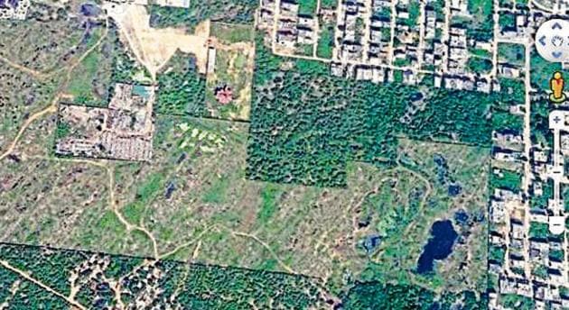 A 2017 Google image of the 52-acre plot in Faridabad shared by the petitioner with HT which shows deforestation. (HT File Photo) A 2017 Google image of the 52-acre plot in Faridabad shared by the petitioner with HT which shows deforestation. (HT File Photo)