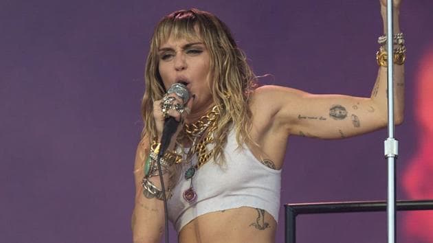 US singer Miley Cyrus performs at the Glastonbury Festival of Music and Performing Arts on Worthy Farm.(AFP)