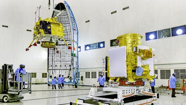 ISRO officials carry out the hoisting of the Vikram Lander during the integration of Chandrayaan-2, at the launch centre in Sriharikota. This launch scheduled on July 15 will be ISRO’s second mission to the moon. After the launch, it will take 16 days to raise the orbit and then five days to reach the moon’s orbit. (ISRO / PTI) ISRO officials carry out the hoisting of the Vikram Lander during the integration of Chandrayaan-2, at the launch centre in Sriharikota. This launch scheduled on July 15 will be ISRO’s second mission to the moon. After the launch, it will take 16 days to raise the orbit and then five days to reach the moon’s orbit. (ISRO / PTI)