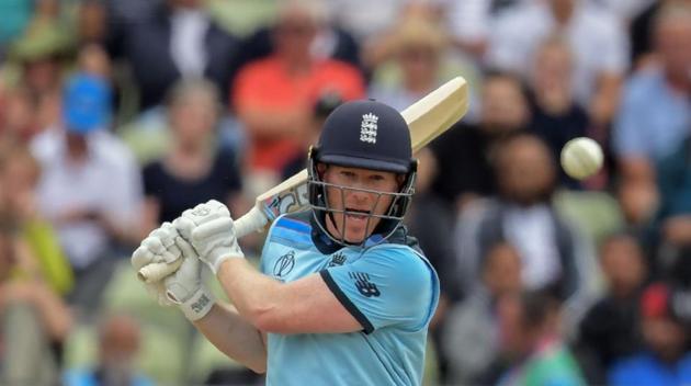 England's captain Eoin Morgan reacts after to England’s win over Australia in the semi-final on Thursday(AFP)