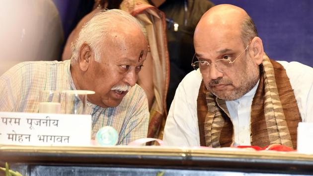 Rashtriya Swayamsevak Sangh Chief Mohan Bhagwat with BJP National Chief Amit Shah in an book launch event from 2017. (Sonu Mehta/HT PHOTO) Rashtriya Swayamsevak Sangh Chief Mohan Bhagwat with BJP National Chief Amit Shah in an book launch event from 2017. (Sonu Mehta/HT PHOTO)