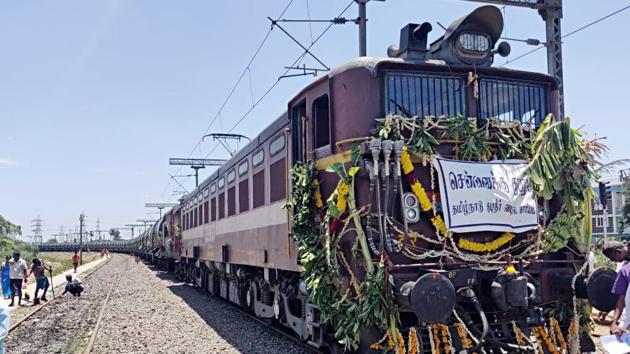 A train with 25 lakh litres of water reached parched Chennai today. Technicians at the railway station at Jolarpettai, worked from early Thursday to fill fifty wagons with 50,000 litres of water each, sourced from a south Indian river. The train was supposed to reach Chennai on Thursday, but leakages in valves connecting the tank to the railway station forced authorities to push back plans by a day. (ANI ) A train with 25 lakh litres of water reached parched Chennai today. Technicians at the railway station at Jolarpettai, worked from early Thursday to fill fifty wagons with 50,000 litres of water each, sourced from a south Indian river. The train was supposed to reach Chennai on Thursday, but leakages in valves connecting the tank to the railway station forced authorities to push back plans by a day. (ANI )