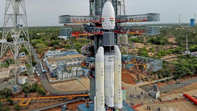 Chandrayaan 2 Launch Mission: The Geosynchronous Satellite Launch Vehicle Mark III (GSLV Mk 3) or 'Bahubali' is seen at the second launch pad ahead of the launch of Chandrayaan-2, in Sriharikota.(PTI)