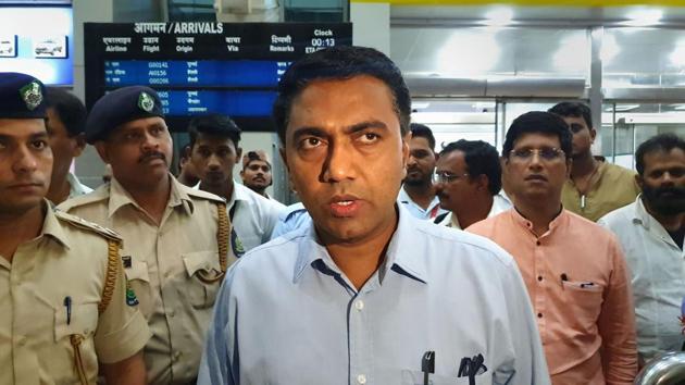 Goa Chief minister Pramod Sawant at Panaji on his return from New Delhi where he had gone to finalise the ministerial berths in consultation with the BJP’s central leadership.(PTI)