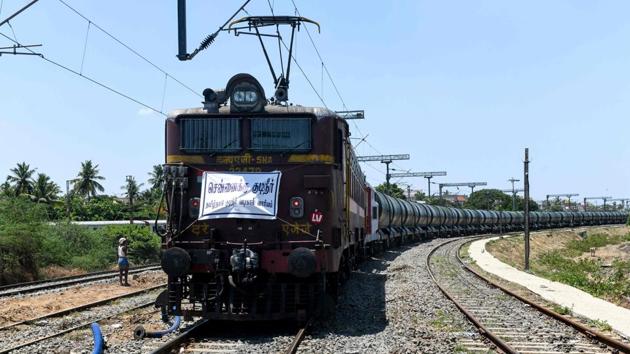 A special train on July 12 took water to the city of Chennai which has been reeling under its worst water shortage in decades. The 50 wagons filled with 2.5 million litres of water were hauled by a locomotive decorated with flowers and a “Drinking Water for Chennai” banner on the front at the start of the trip. (Arun Sankar / AFP) A special train on July 12 took water to the city of Chennai which has been reeling under its worst water shortage in decades. The 50 wagons filled with 2.5 million litres of water were hauled by a locomotive decorated with flowers and a “Drinking Water for Chennai” banner on the front at the start of the trip. (Arun Sankar / AFP)